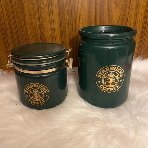 RARE vintage Starbucks green ceramic sealed coffee canister and utensil  holder - Picture 3 of 14